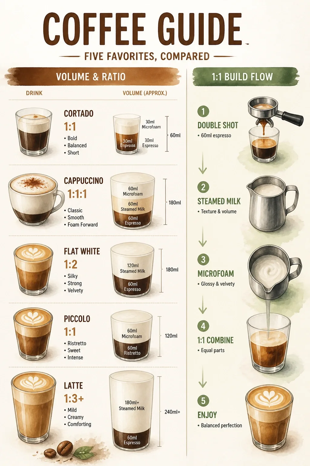 Infographic chart comparing cortado, cappuccino, flat white, piccolo, and latte with a 1:1 double shot to microfoam build.