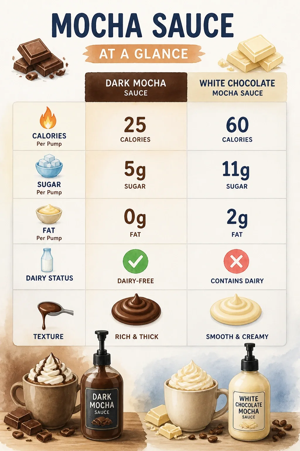 Per-pump nutrition comparison of dark mocha vs white chocolate mocha sauce: calories, sugar, fat, dairy, and texture.