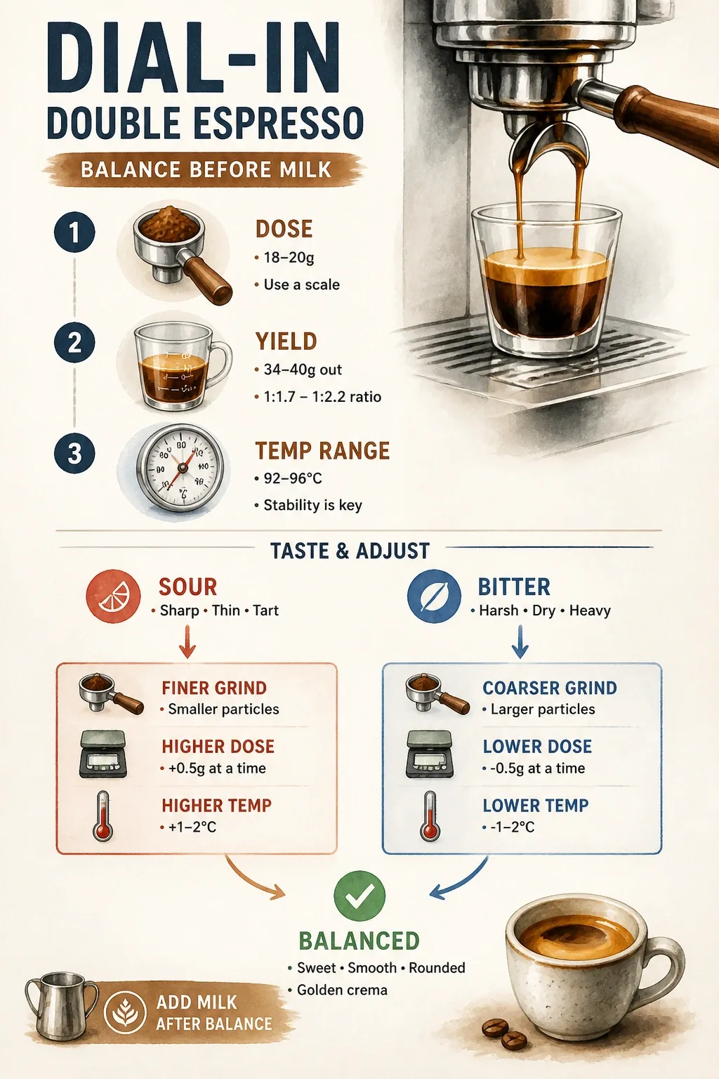 Infographic for double espresso dial-in: dose, yield, brew temperature, and sour or bitter adjustment branches.