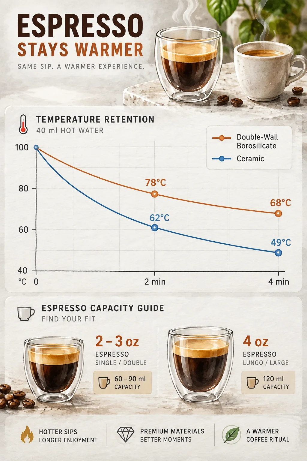 Thermal retention chart: 40 ml hot water in double-wall borosilicate vs ceramic at 2 and 4 min for 2-3 oz and 4 oz espresso.