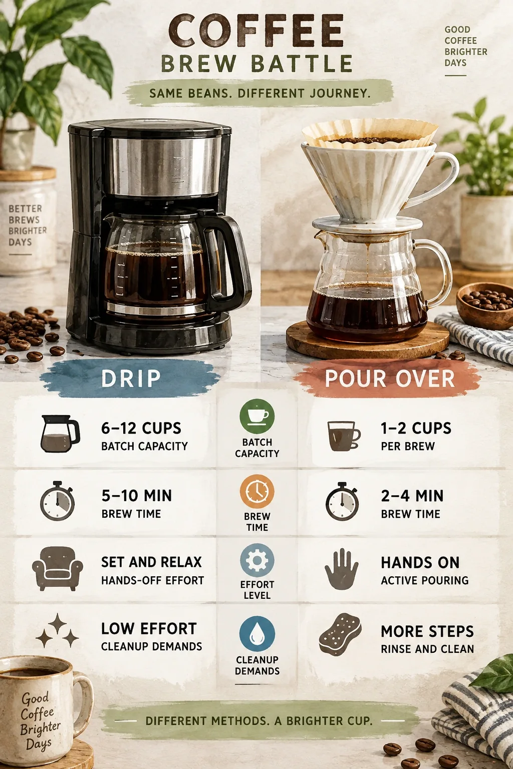 Infographic comparing drip vs pour over coffee by household batch capacity, brew time, hands-off effort, and cleanup demands.
