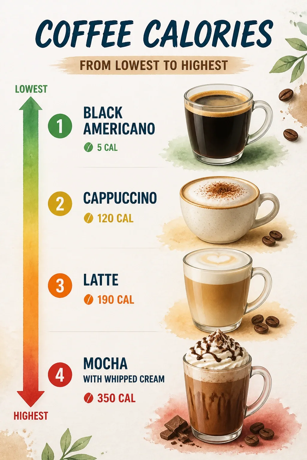3D calorie hierarchy chart of espresso drinks: Americano, cappuccino, latte, mocha with whipped cream, ranked low to high.