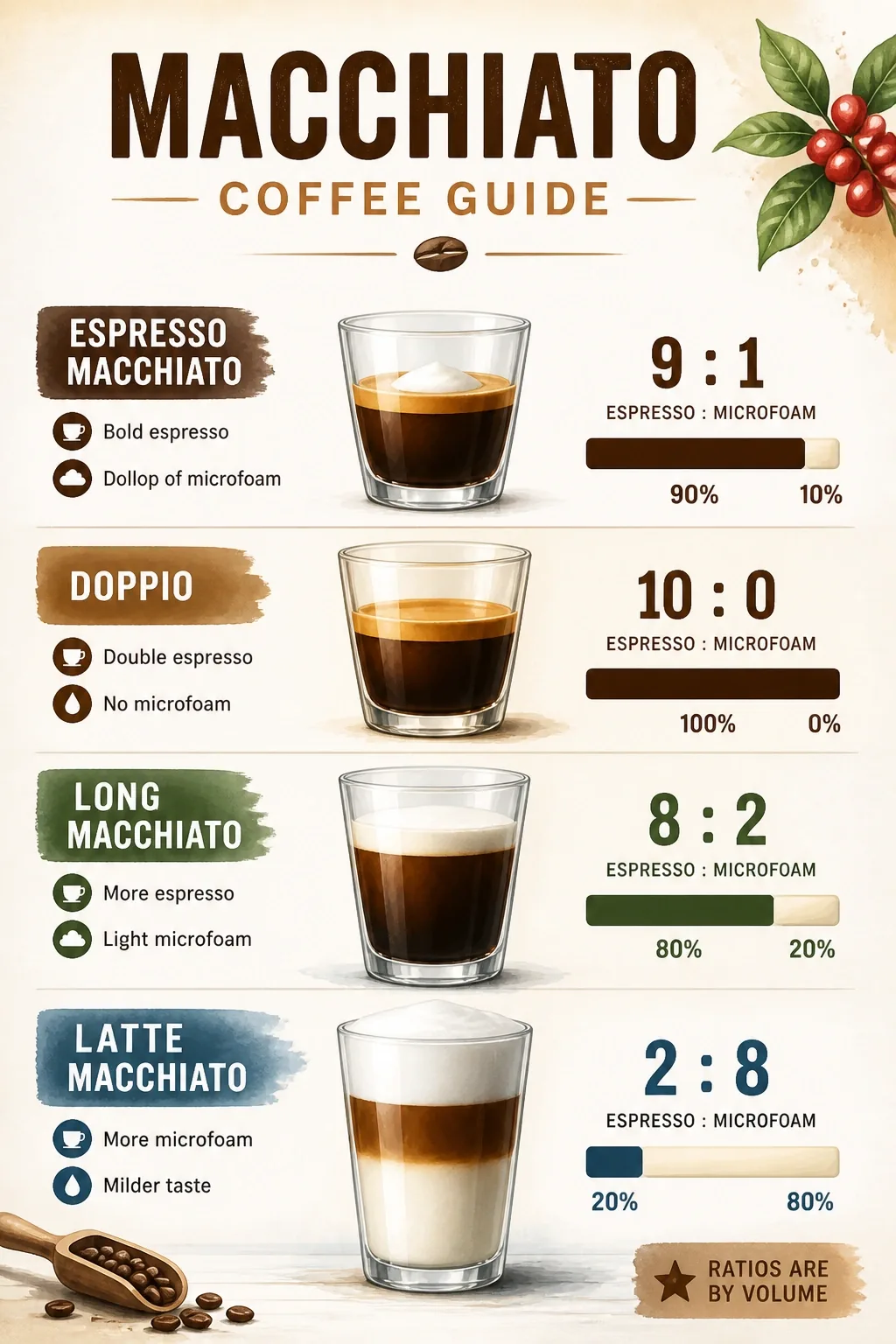 Infographic comparing espresso macchiato, doppio, long macchiato, and latte macchiato ratios with microfoam proportions.