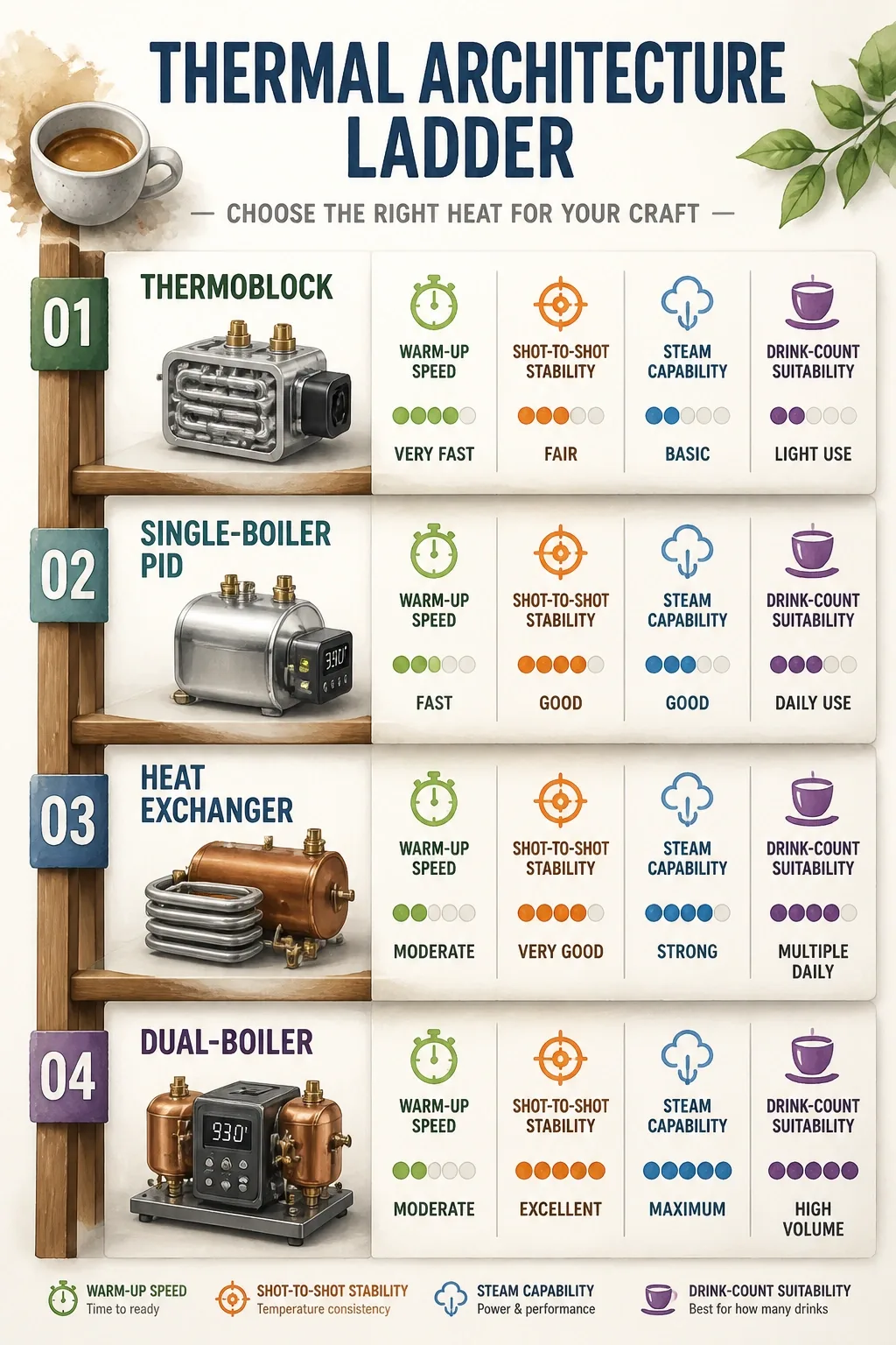 Thermal ladder: thermoblock, single-boiler PID, heat exchanger, dual-boiler espresso on warm-up, stability, steam, drinks.