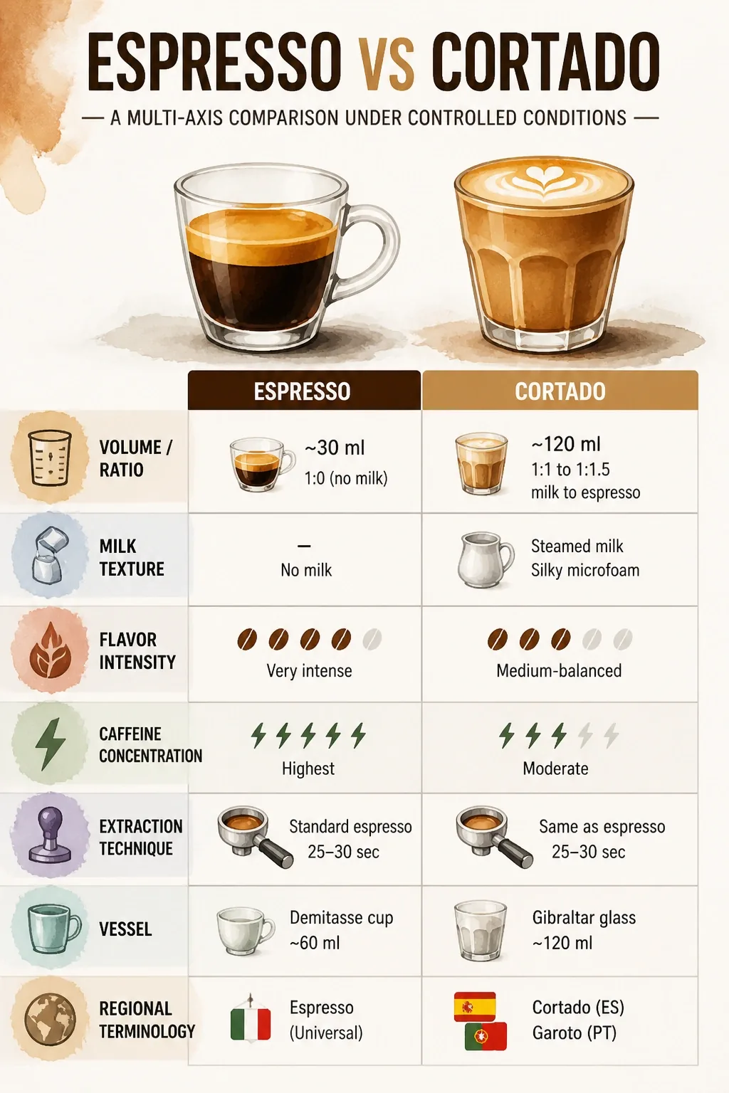 Infographic comparing espresso and cortado volume ratio, milk texture, flavor, caffeine, extraction, vessel, regional terms.