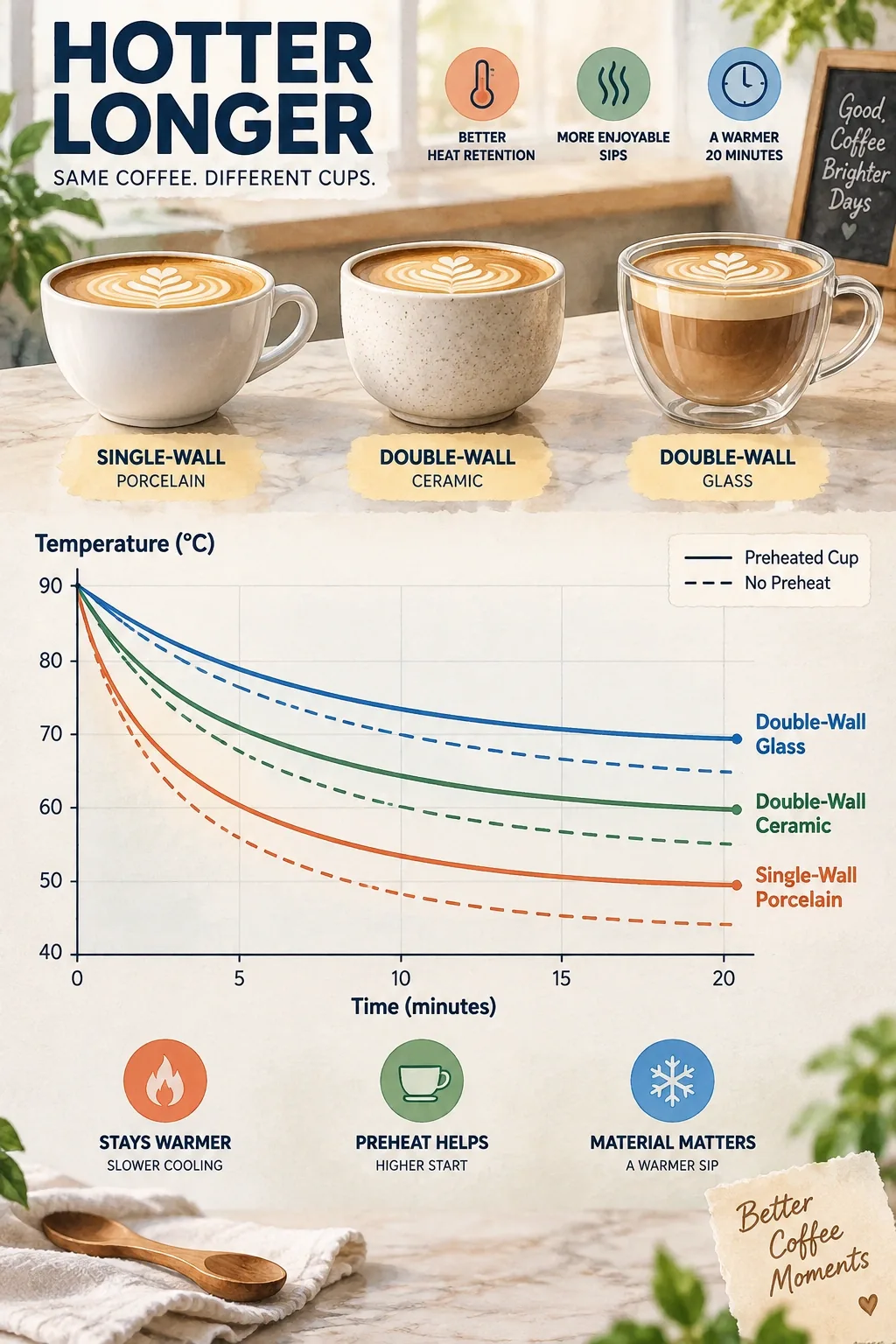 The Best Cappuccino Cups, Ranked by Geometry, Heat Retention, and Honest Tradeoffs 14 20-min temperature decay: single-wall porcelain, double-wall ceramic, and double-wall glass cappuccino cups, preheated vs not