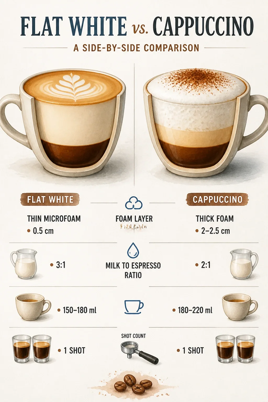 Cross-section infographic comparing flat white vs cappuccino: foam layer, milk-to-espresso ratio, cup volume, and shot count.