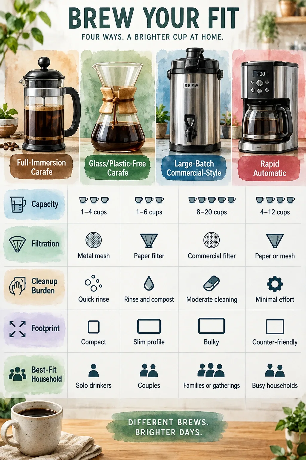 Four carafe archetypes compared: full-immersion, glass-free, large-batch, rapid automatic by capacity, filtration, cleanup.