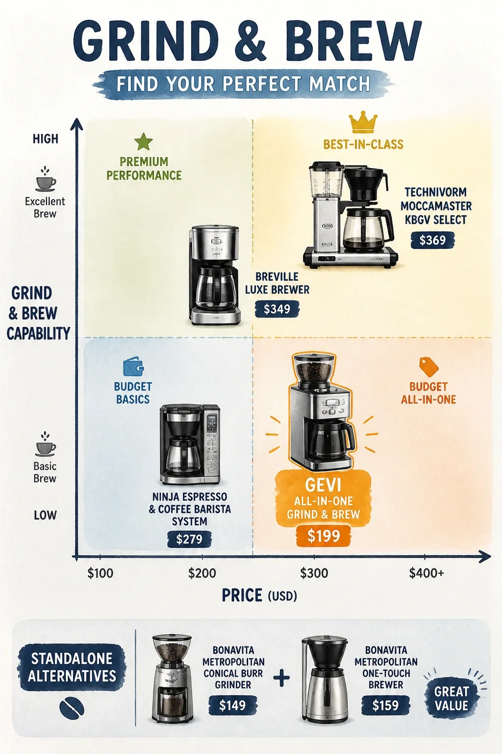 Price vs grind-and-brew comparison chart highlighting Gevi in budget all-in-one quadrant vs Ninja, Breville, Technivorm