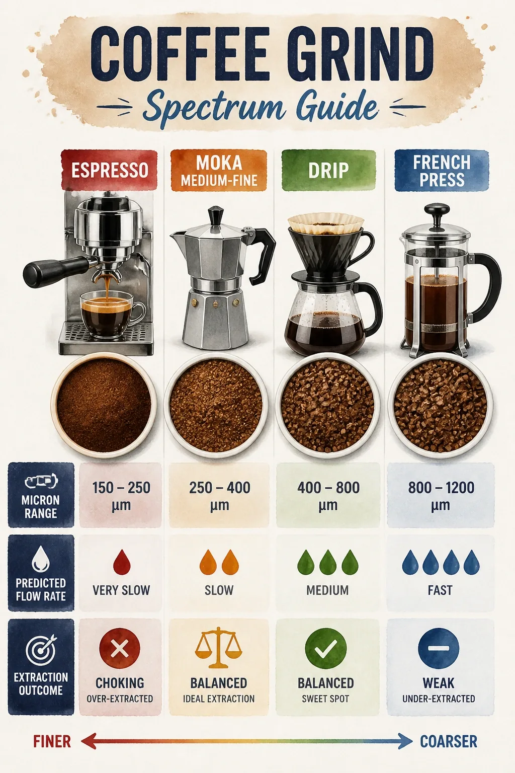 Infographic chart comparing espresso, Moka, drip, and French press grind sizes, micron ranges, and extraction outcomes.