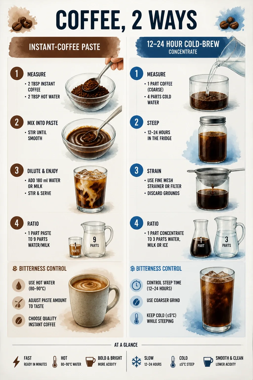 Infographic comparing instant coffee paste vs 12-24h cold brew concentrate: ratios, temperatures, bitterness controls.
