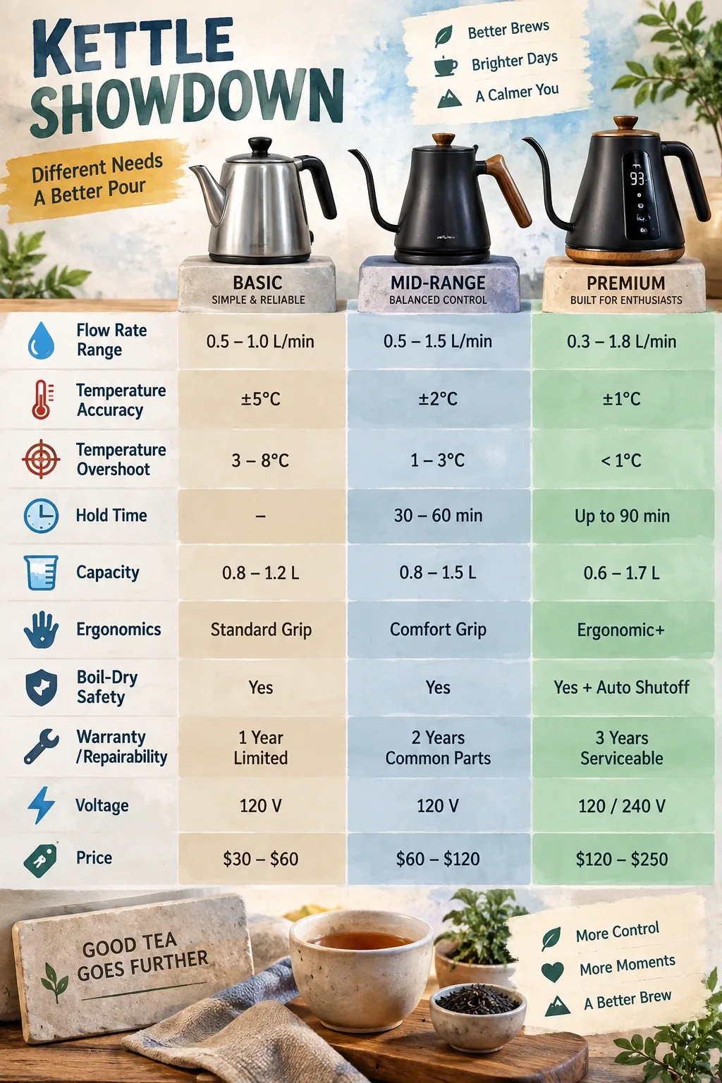 Matrix comparing kettle tiers: flow rate, temp accuracy, hold time, capacity, ergonomics, boil-dry safety, warranty, voltage
