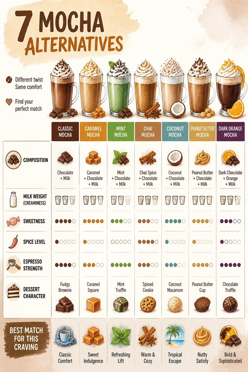 Infographic comparing 7 mocha alternatives by craving: composition, milk, sweetness, spice, espresso, dessert character.