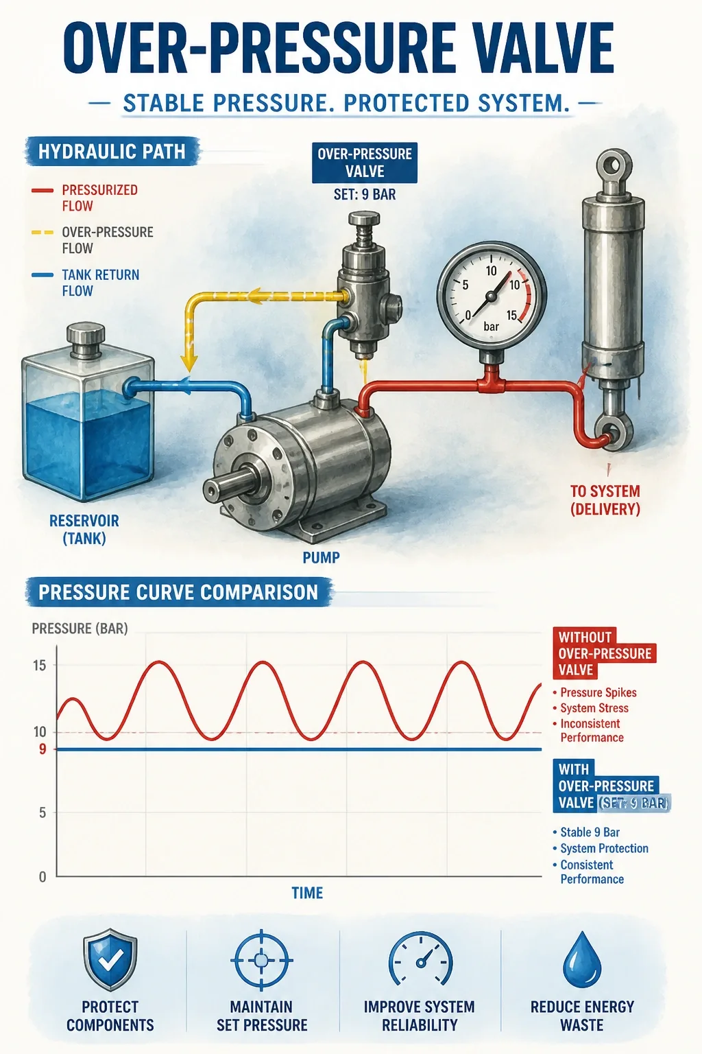 Hydraulic schematic and pressure curves compare an over-pressure valve holding 9 bar against an unregulated oscillating pump.