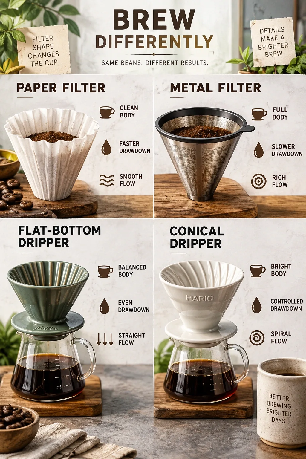 Infographic comparing paper vs metal filters and flat vs conical drippers by body, drawdown speed, and flow dynamics.