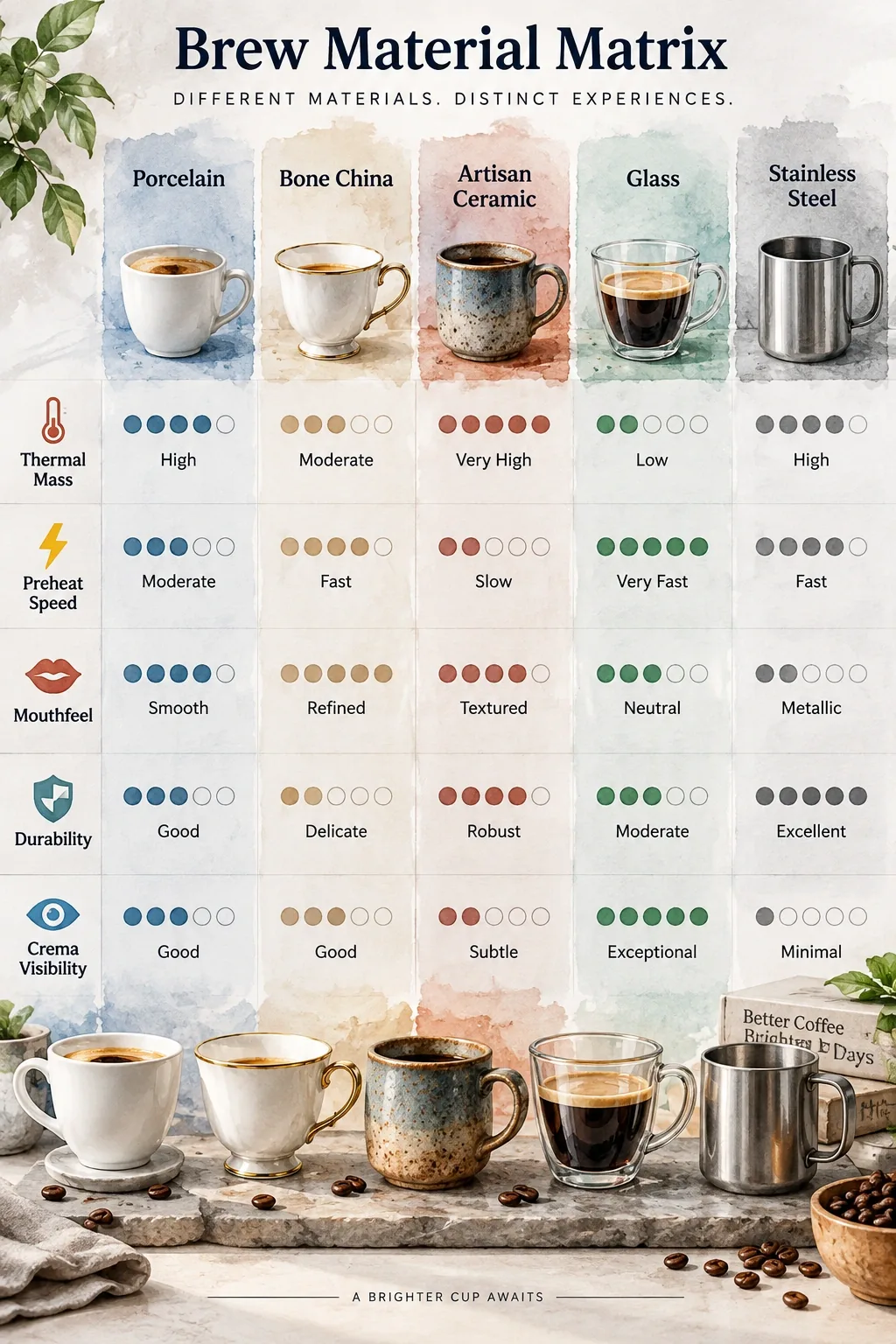 Infographic matrix: porcelain, bone china, ceramic, glass, steel vs thermal mass, preheat, mouthfeel, durability, crema.