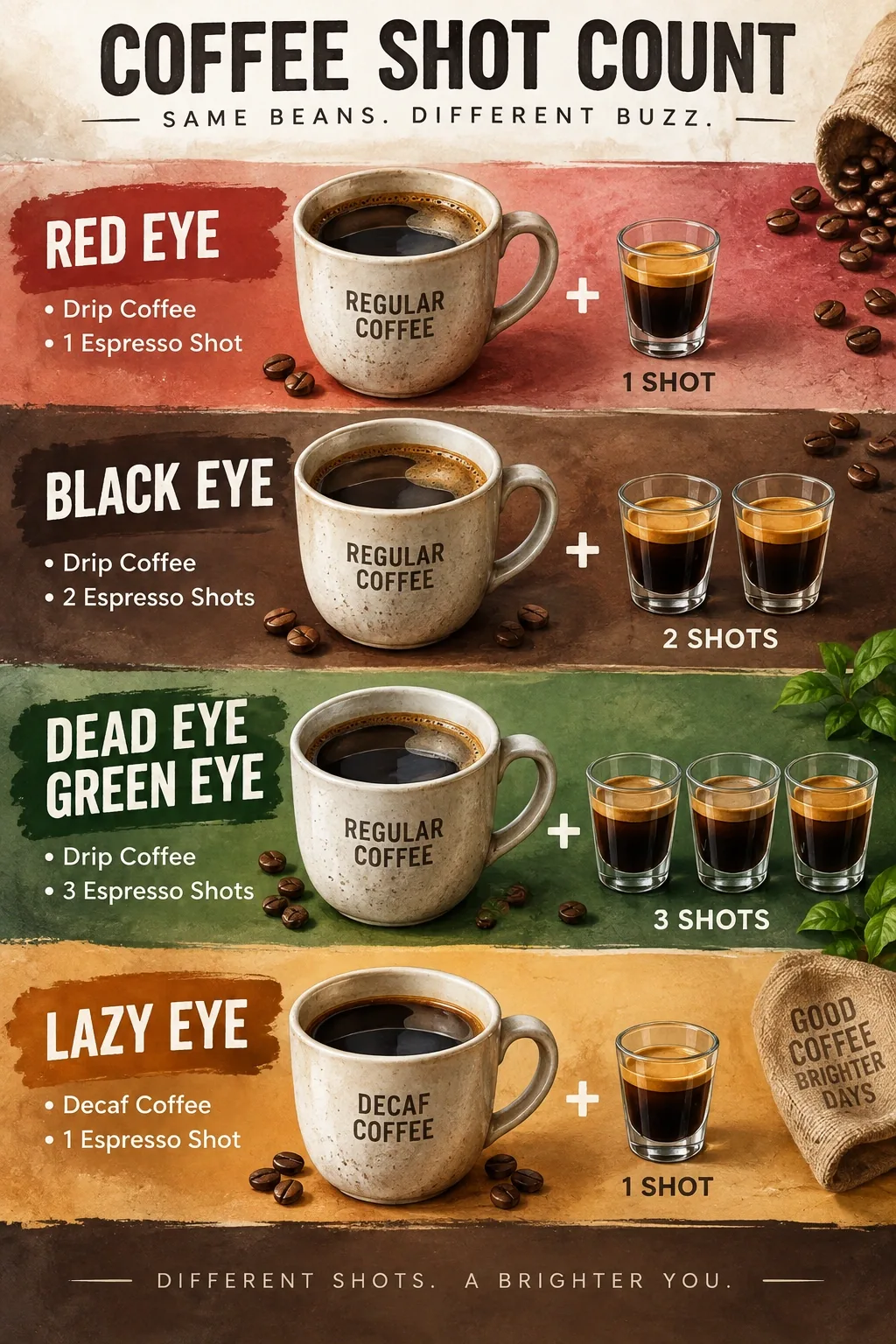 Infographic comparing Red Eye, Black Eye, Dead Eye/Green Eye, and Lazy Eye by base coffee type and espresso shot count.