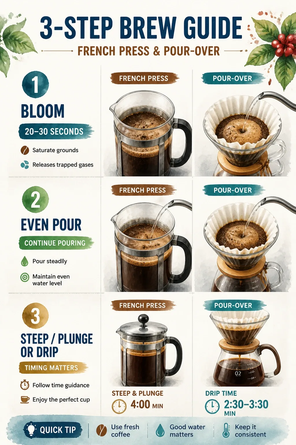Three-step infographic showing bloom 20–30 seconds, even pour, and steep/plunge or drip timing for French press and pour-over.