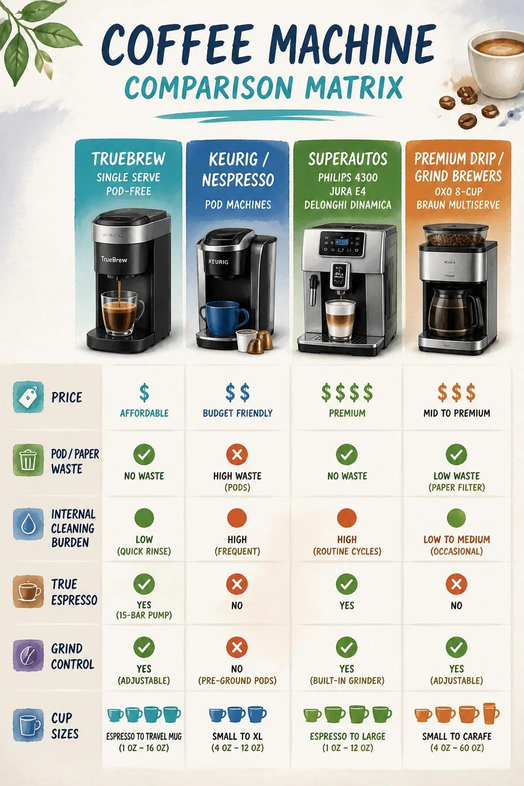 De'Longhi True Brew Drip Coffee Maker: Is It Worth It? 15 Matrix comparing TrueBrew to pod, superauto, and drip coffee systems across six criteria.