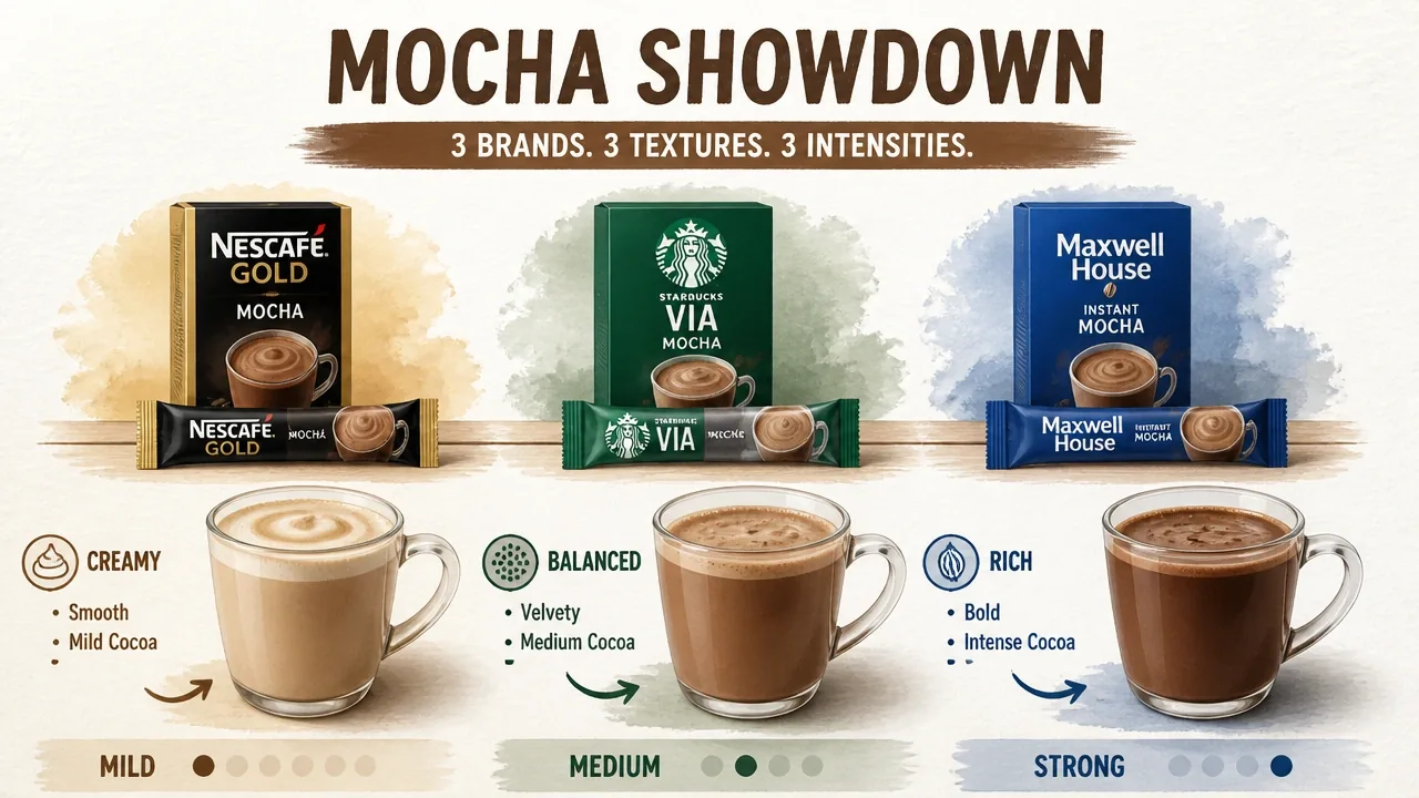 Nescafé Gold, Starbucks VIA, and Maxwell House mocha sachets beside three prepared cups for texture and cocoa comparison.