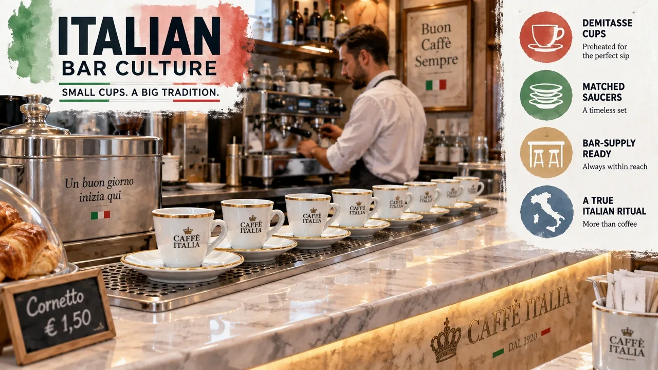 Documentary photo of an Italian bar counter with a row of preheated heritage porcelain demitasse cups and matching saucers.