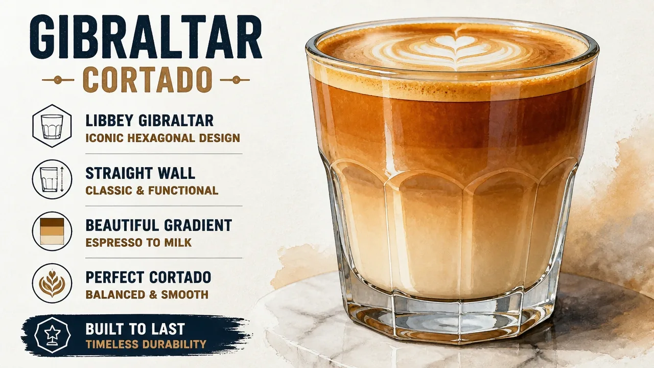 Macro photo of Libbey Gibraltar 4.5 oz glass with hexagonal facets, straight wall, and a cortado's espresso-to-milk gradient.