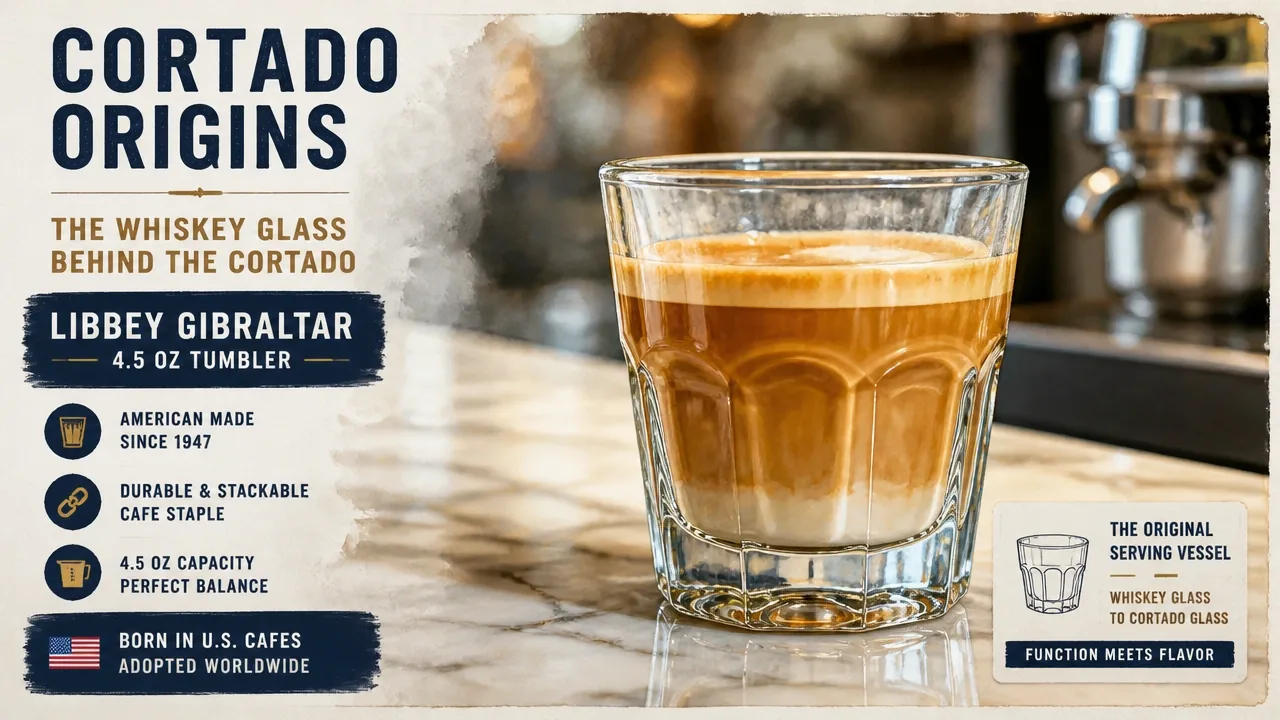 Watercolor-style archival rendering of a Libbey Gibraltar 4.5 oz tumbler on café counter, the cortado's whiskey-glass vessel.