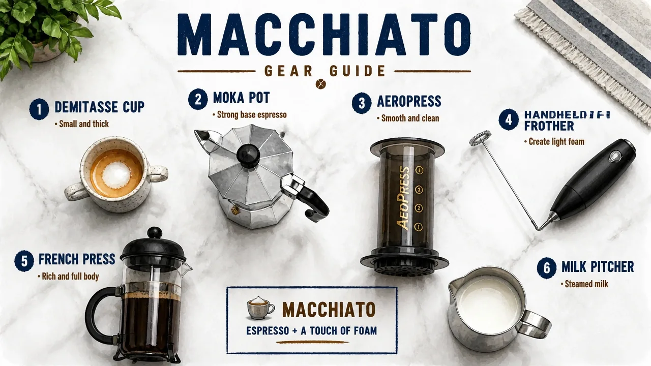 Overhead flat lay of macchiato gear on counter: demitasse cup, moka pot, Aeropress, frother, French press, milk pitcher.