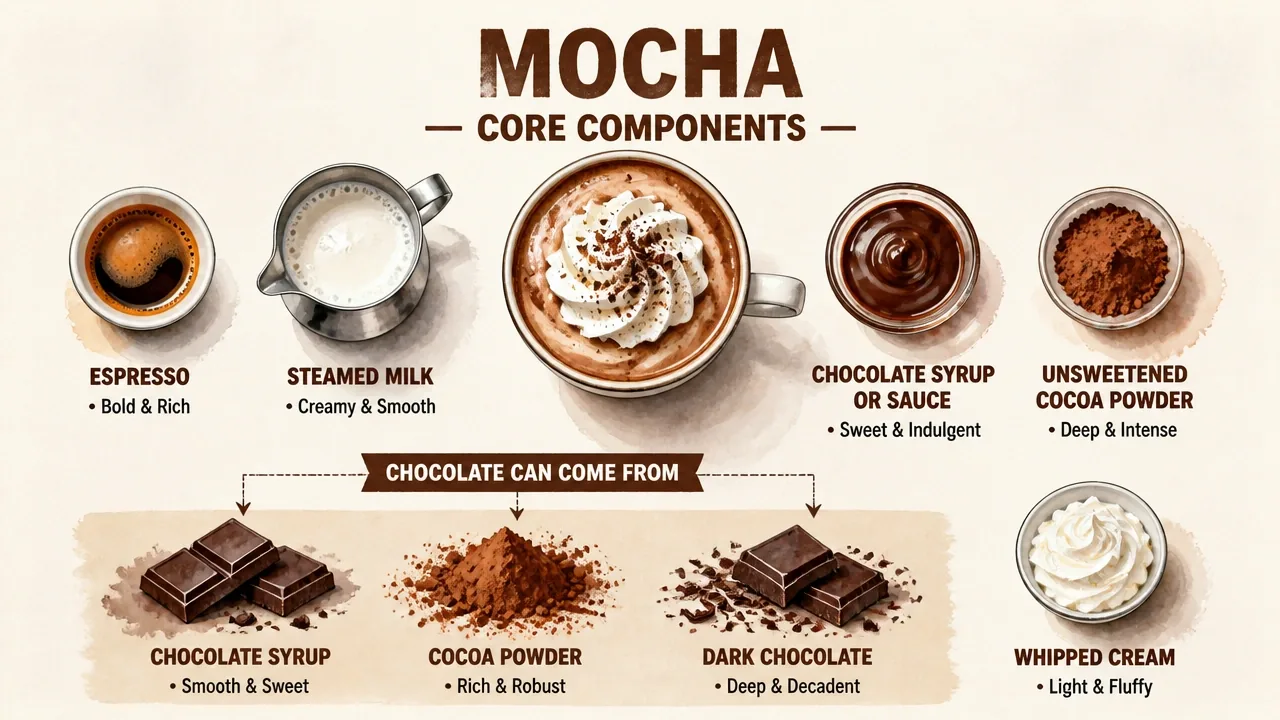 Overhead mocha ingredients: espresso, steamed milk, chocolate syrup, cocoa powder, whipped cream, showing chocolate sources.