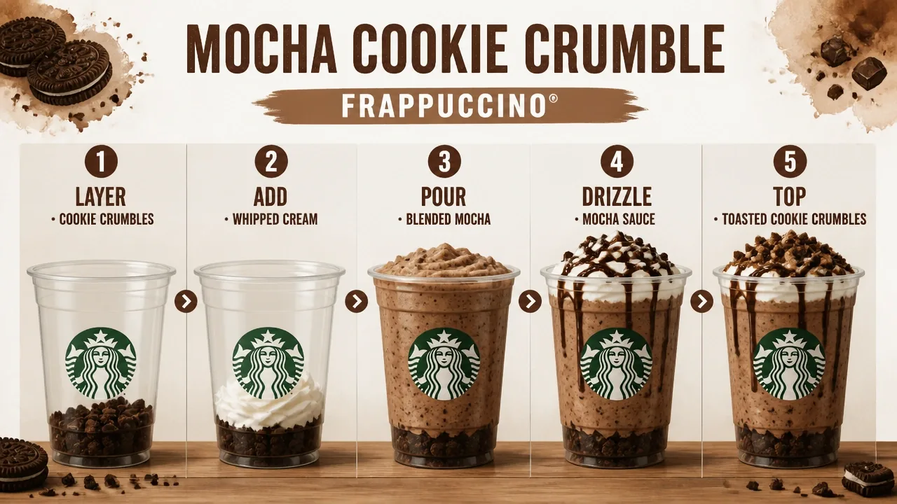 Layered Mocha Cookie Crumble Frappuccino with whipped cream, cookie crumbles, blended mocha, and mocha drizzle.