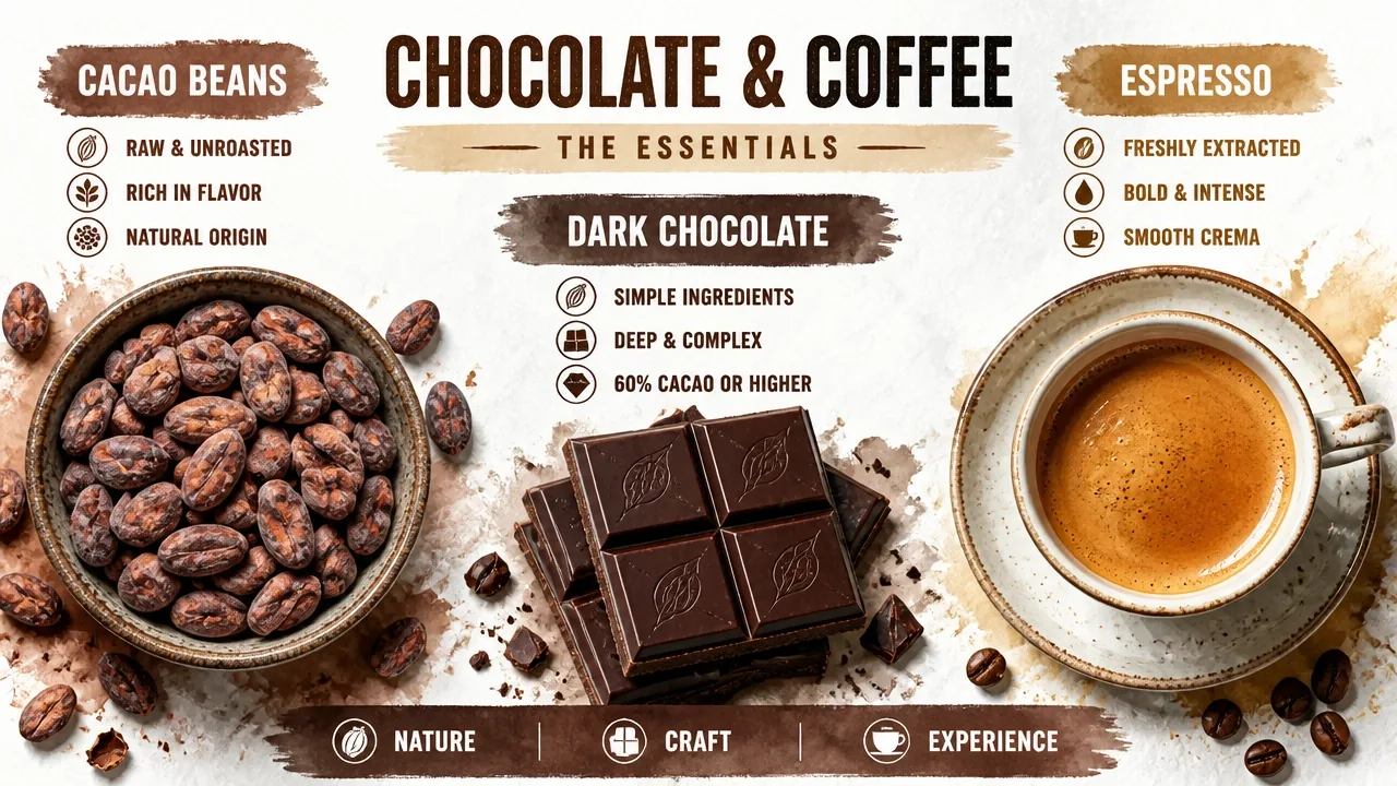 Overhead macro view of raw cacao beans, a dark chocolate bar, and a fresh espresso shot arranged side by side for comparison.