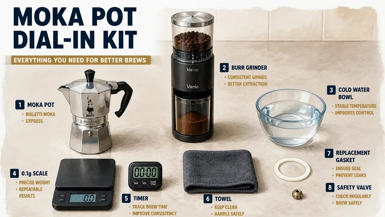 Macro photo of Moka pot dial-in kit: Bialetti Moka Express, burr grinder, 0.1g scale, timer, towel, cold-water bowl, gasket, safety valve.
