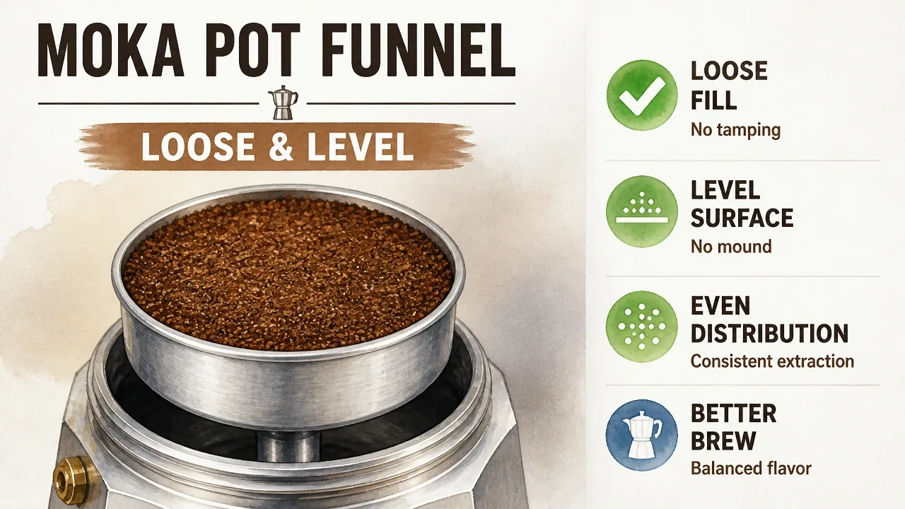 Macro view of a Moka pot funnel basket filled with loosely leveled coffee grounds, showing even distribution and no mound.