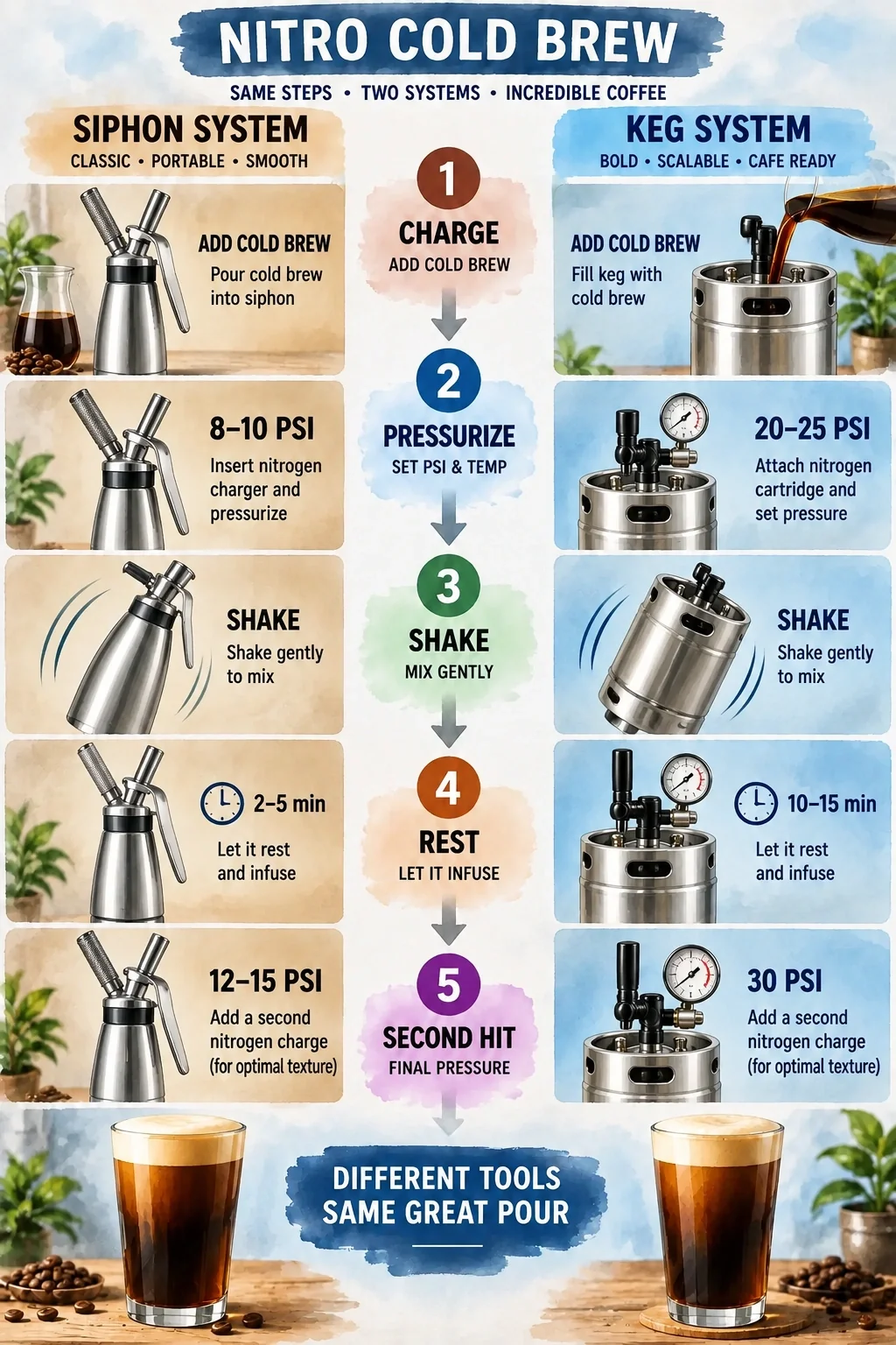 Step-by-step infographic comparing nitro cold brew preparation using a stainless steel siphon dispenser versus a mini-keg system.