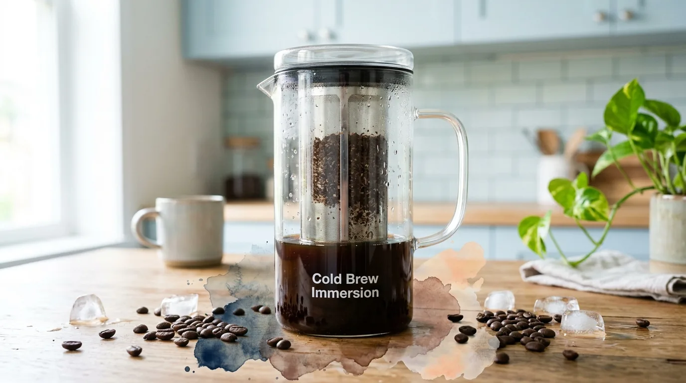 Glass immersion cold brew pitcher with stainless steel mesh filter core surrounded by roasted coffee beans and ice cubes