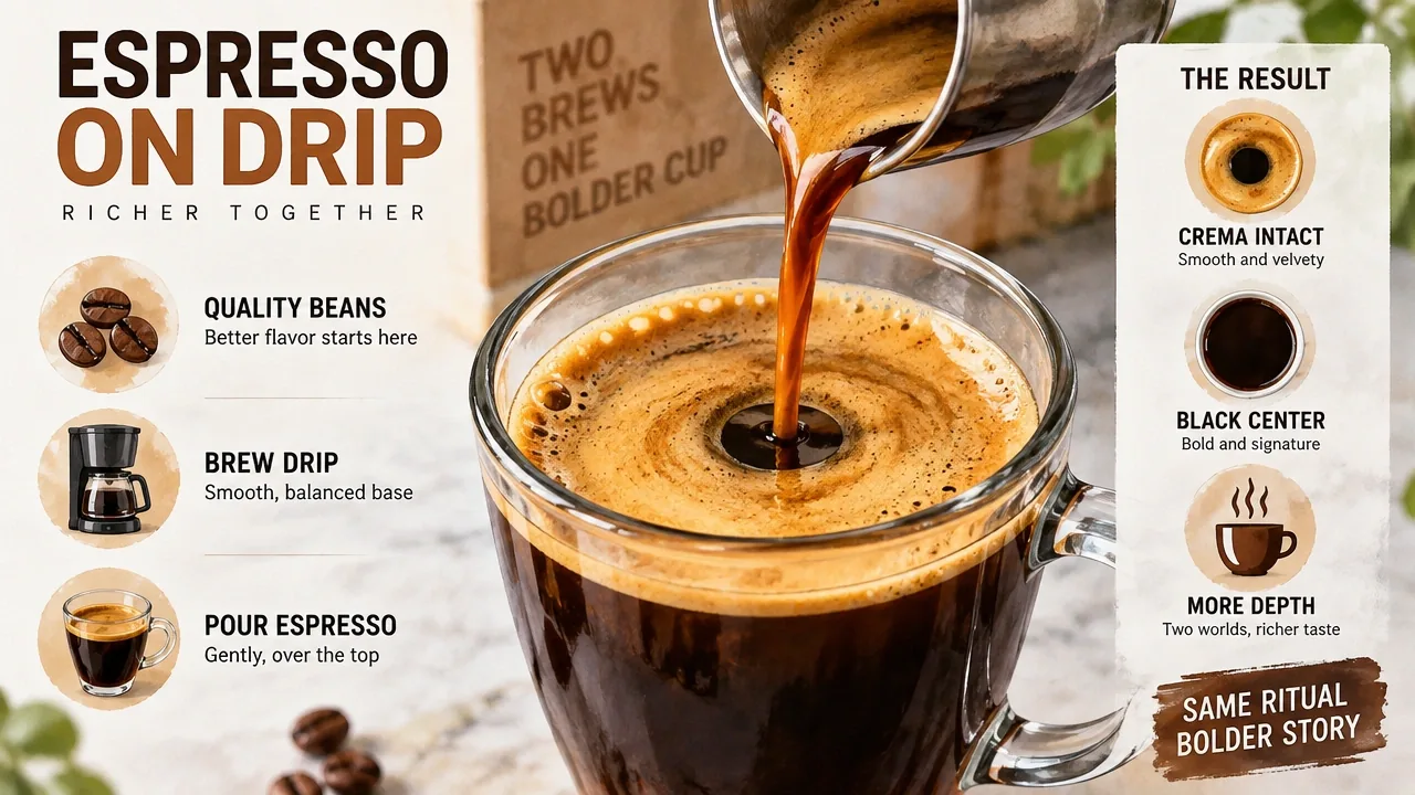 Macro photo of fresh espresso poured over drip coffee, preserving golden crema and central black circle.