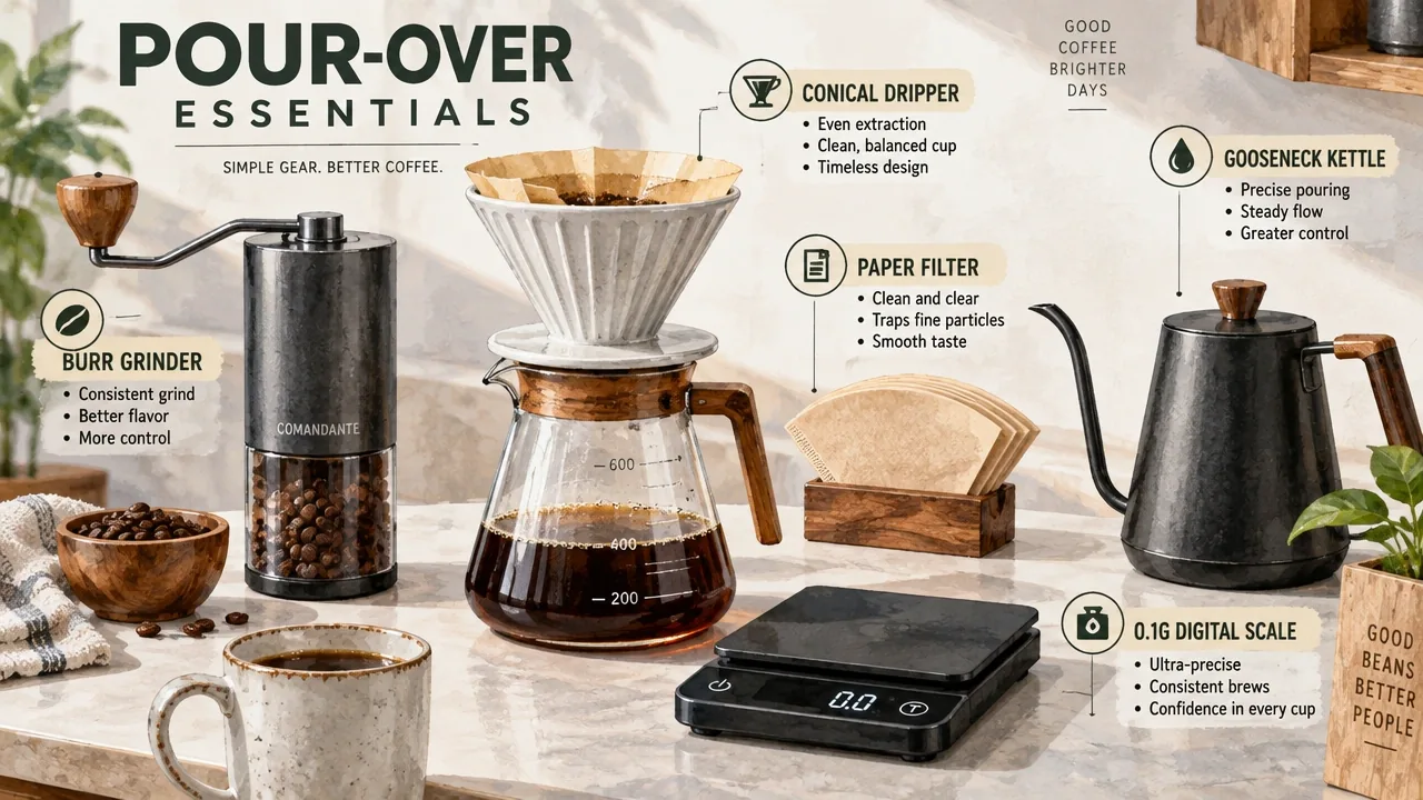 Infographic photo of pour-over coffee kit: conical dripper, paper filter, burr grinder, gooseneck kettle, and digital scale.