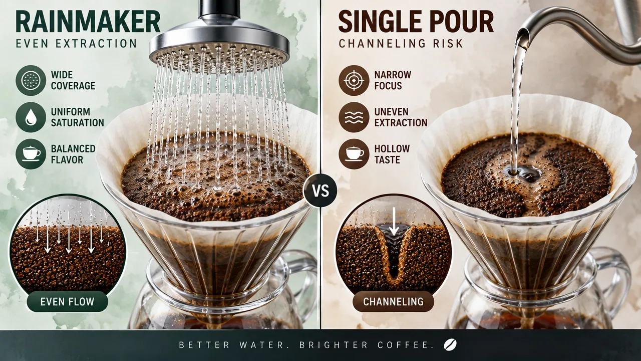 Macro view of Rainmaker showerhead evenly watering saturated coffee bed, contrasting perimeter flow and center channeling.