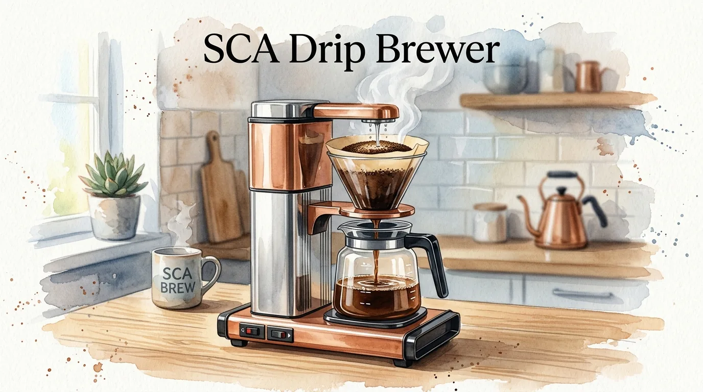 SCA-certified batch drip coffee maker brewing freshly ground coffee into a glass carafe with watercolor accents