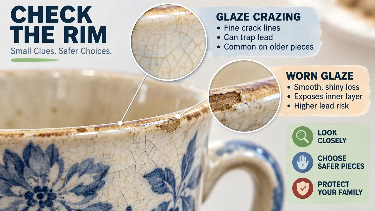 Macro view of a secondhand ceramic cup rim with glaze crazing and worn lip glaze illustrating lead-risk screening.