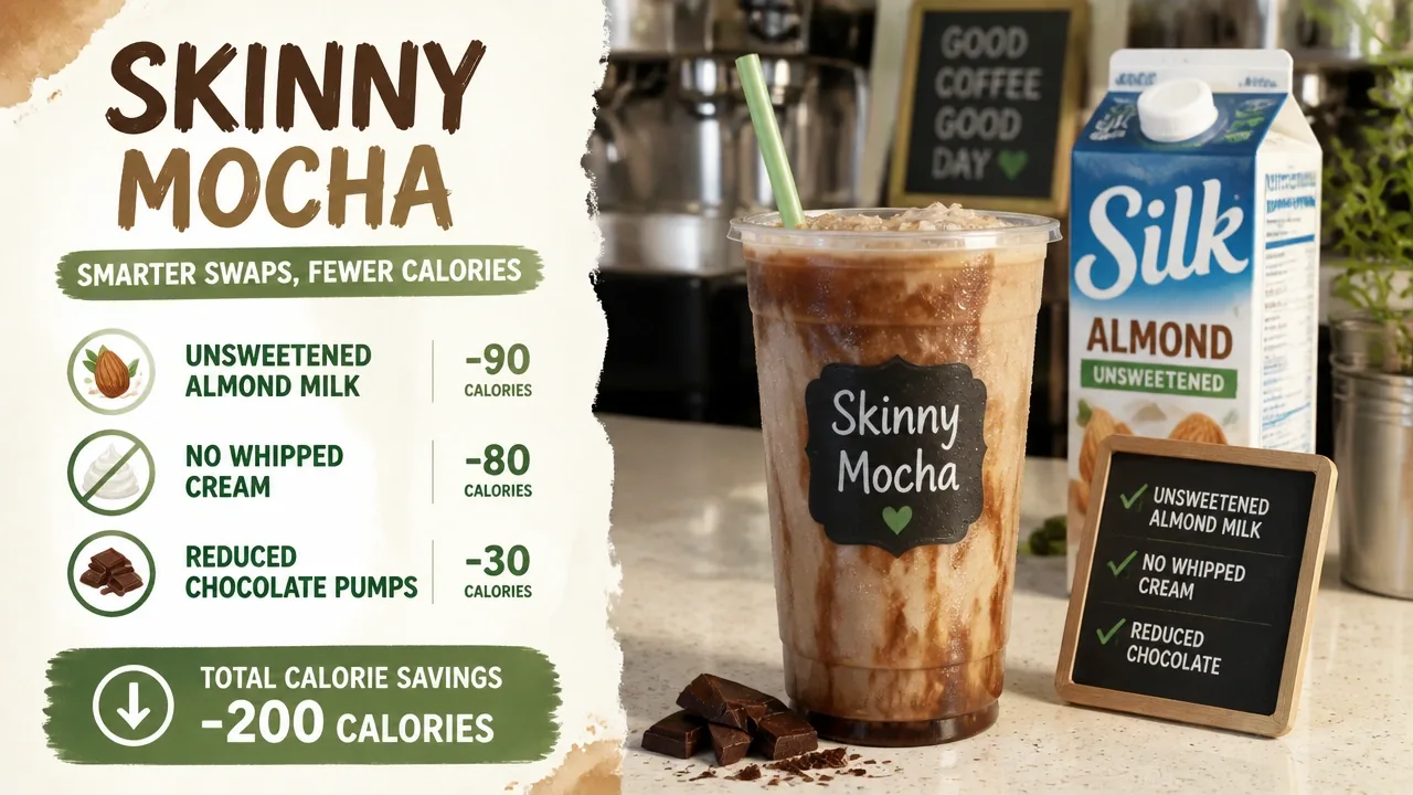 Skinny Mocha on countertop with unsweetened almond milk, no whipped cream, reduced chocolate pumps, infographic labels.