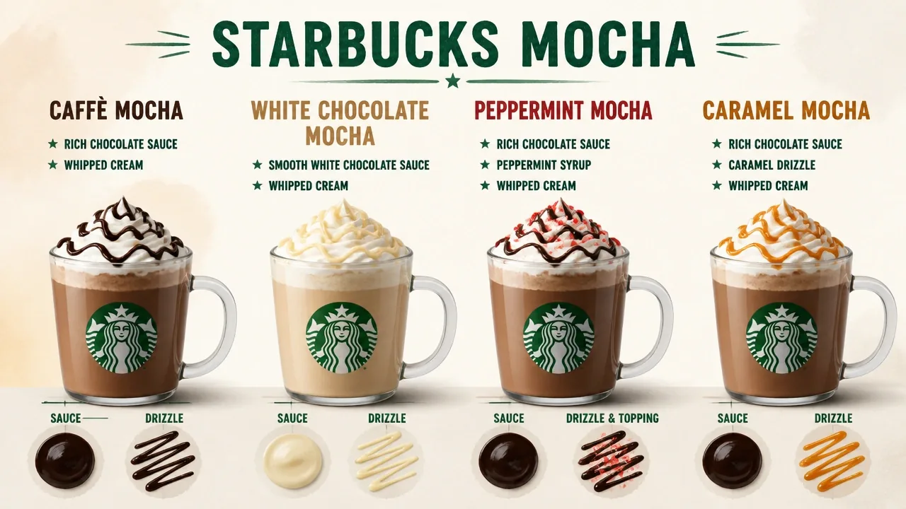 Starbucks mocha lineup: Caffè Mocha, White Chocolate Mocha, Peppermint Mocha with sauce, whip, and drizzle differences.