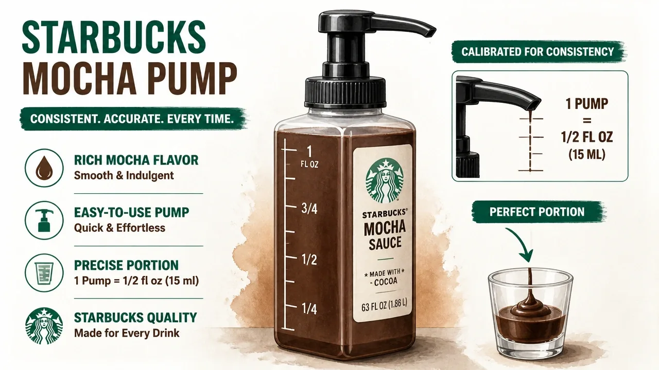 Macro photo of a Starbucks mocha sauce pump dispenser with calibration marks and one portion dispensed into a small cup.