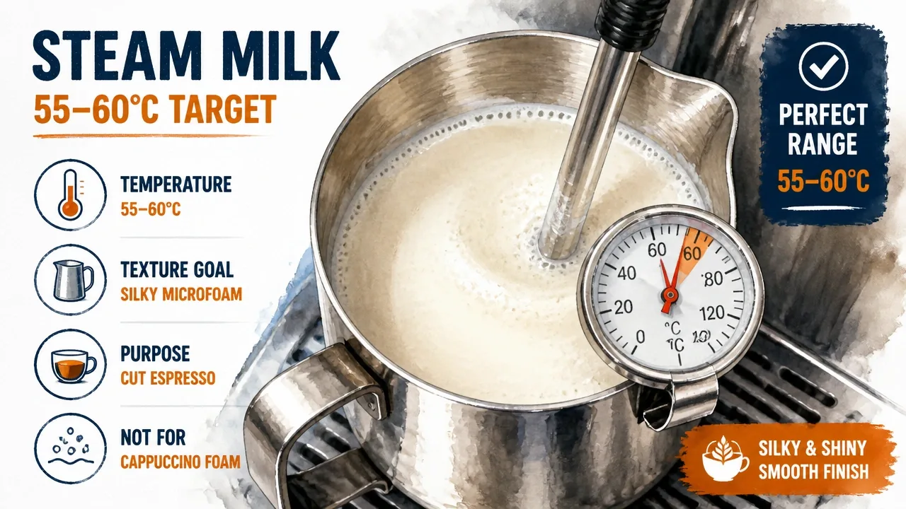 Macro documentary photo of whole milk steamed to 55-60°C with thermometer, showing glossy microfoam for espresso drinks.