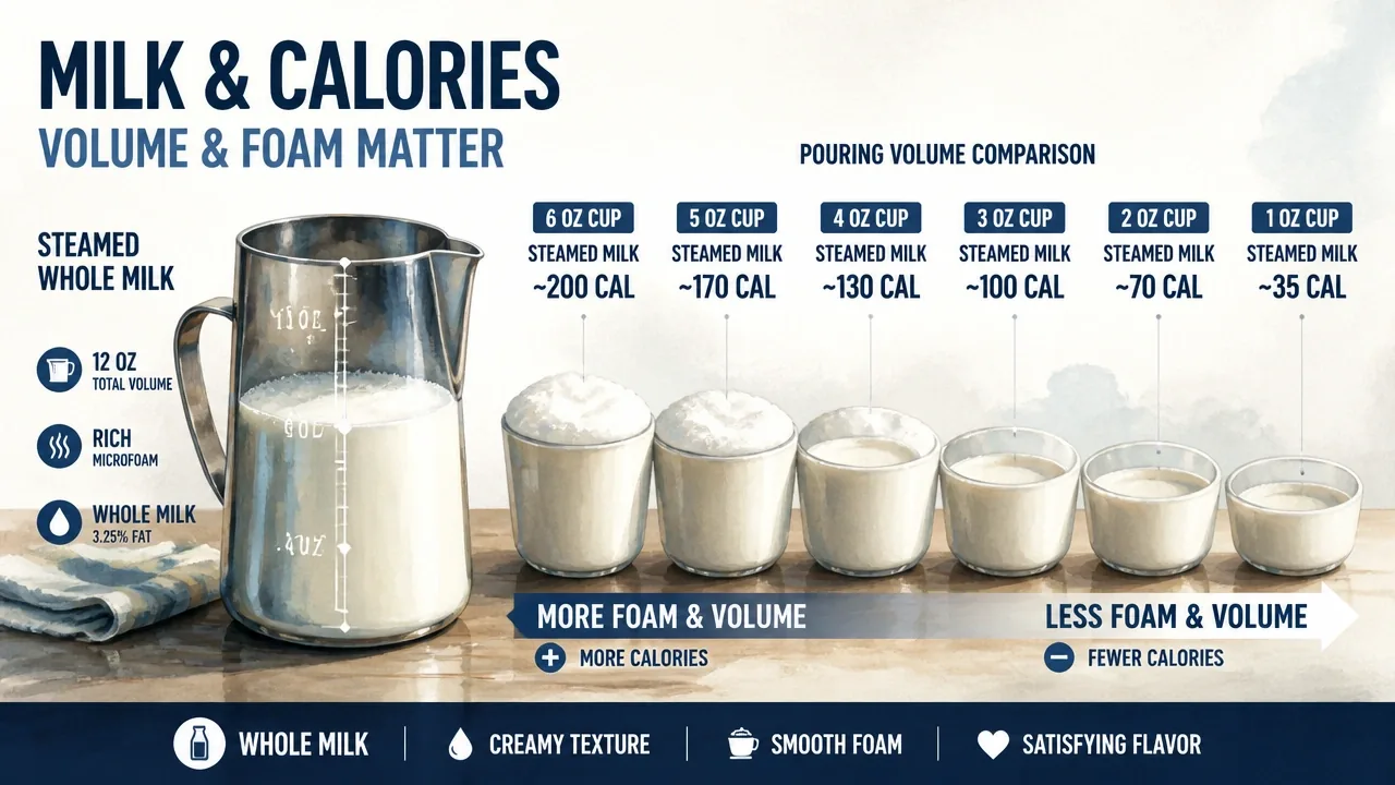 Macro view of steamed whole milk in a pitcher beside 5-6 oz cups showing volume and foam differences affecting calories.