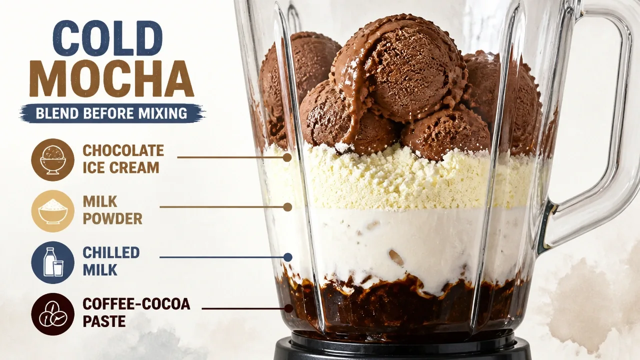 Close-up of blender jar with coffee-cocoa paste, chilled milk, milk powder, and chocolate ice cream scoops before blending.