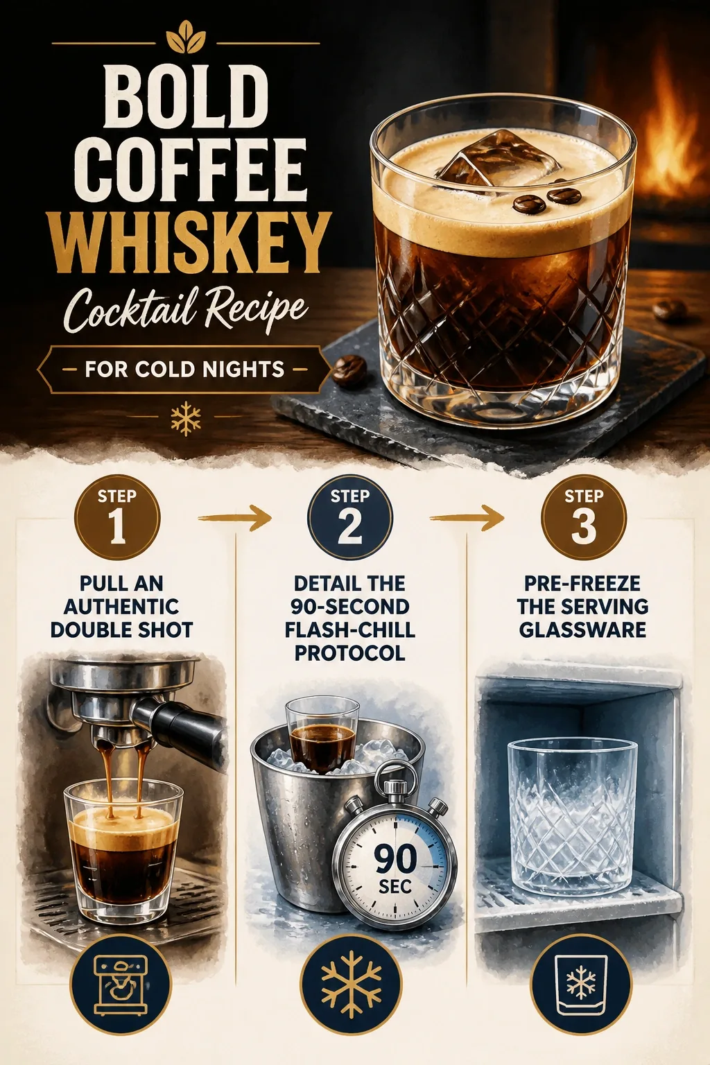 Step-by-step process guide and workflow infographic for Bold Coffee Whiskey Cocktail Recipe for Cold Nights