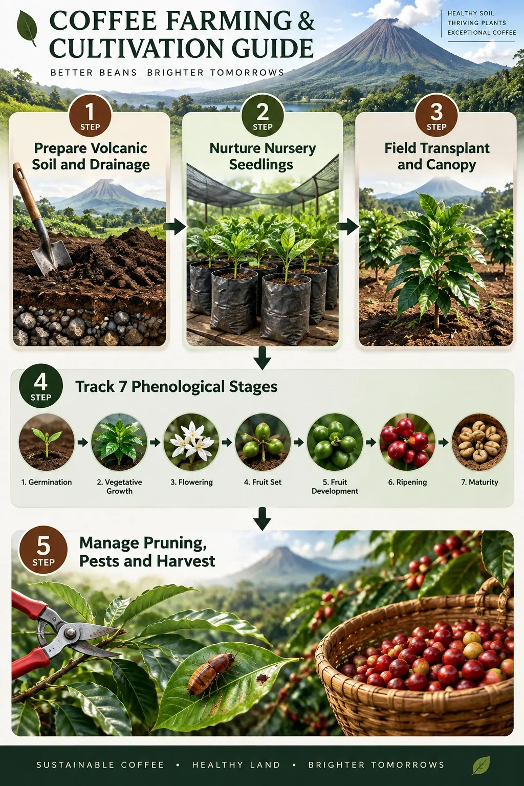Coffee Farming Guide Soil Conditions Phenological Stages and Management 6 Step-by-step process guide and workflow infographic for Coffee Farming & Cultivation Guide: Soil Conditions, Growth Stages & Farm Management