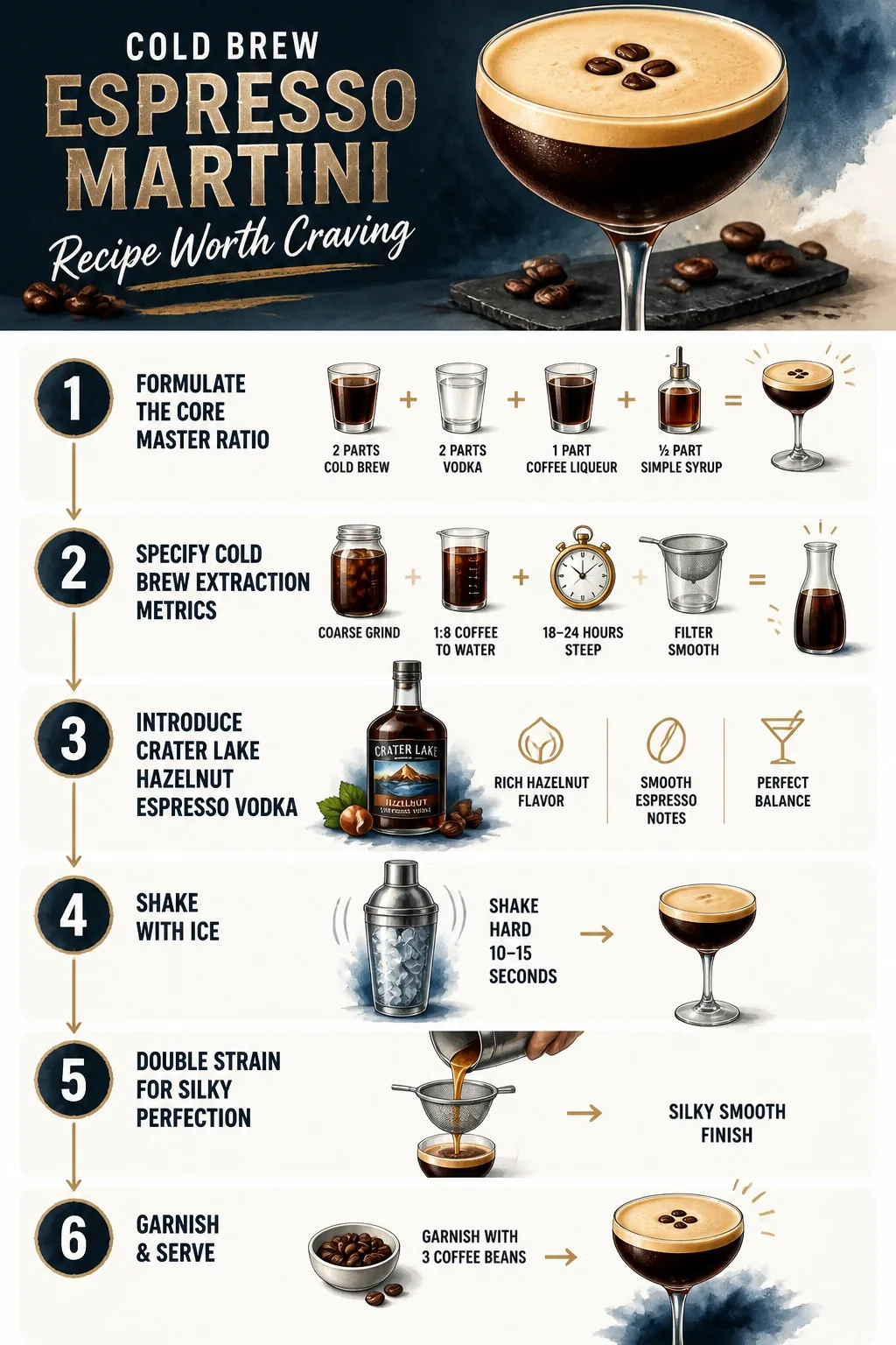 Cold Brew Espresso Martini Recipe: How to Build a Stable Crema Head Without Espresso CO2 6 Step-by-step process guide and workflow infographic for Cold Brew Espresso Martini Recipe Worth Craving