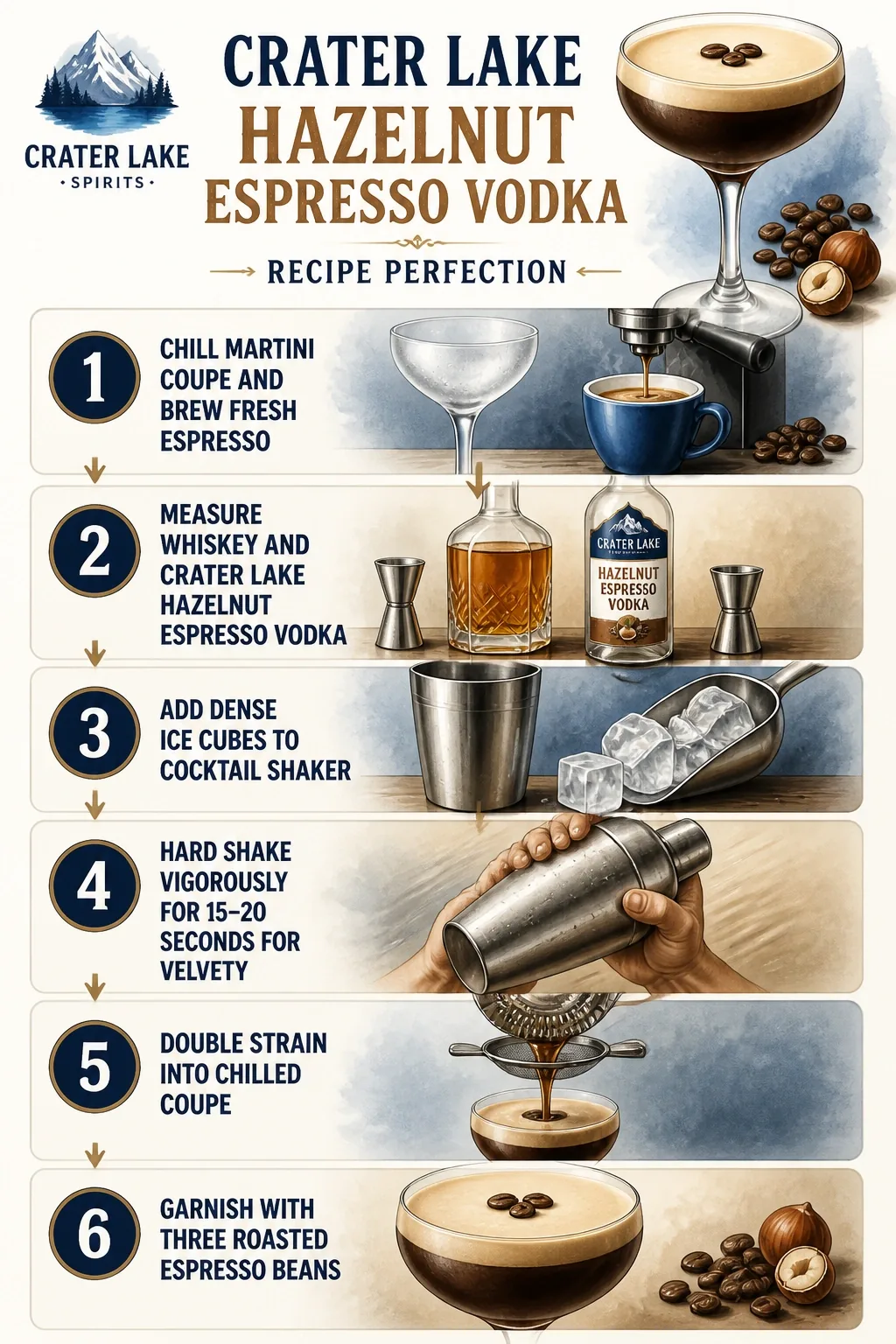 Step-by-step process guide and workflow infographic for Crater Lake Hazelnut Espresso Vodka Recipe Perfection